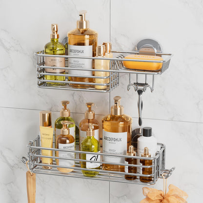 LEVERLOC Shower Caddy Suction Cup, 2 Pack Suction Shower Shelf With Hooks