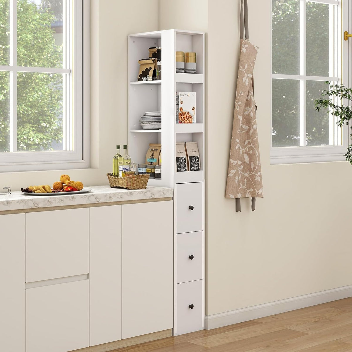 ARTETHYS Tall Narrow Bathroom Storage Cabinet with Side Rack & Drawers