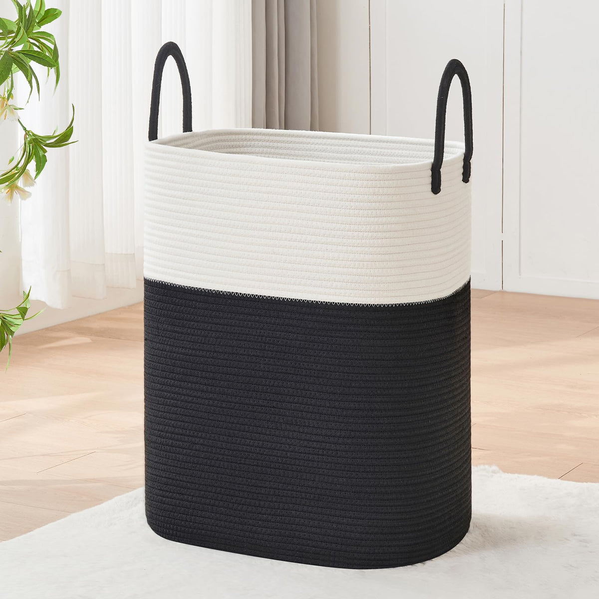 Large Laundry Hamper Basket, 85L Cotton Rope Woven Storage Bin for Blankets, Dirty Clothes Toys, Decorative Tall Basket with Leather Handles for Living Room, Bedroom, Bathroom, Nursery, Jute