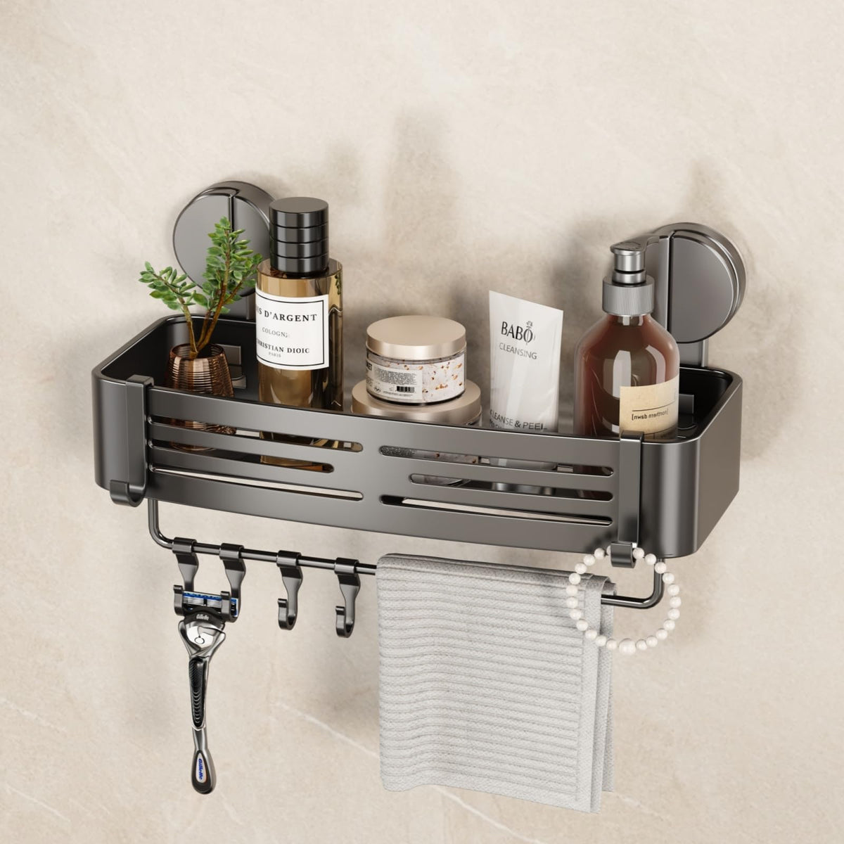 VOLPONE Shower Caddy Suction Shower Shelf No Drilling Shower Organizer Suction Cup Shower Storage Rack Aluminum Wall Mounted Shampoo Holder with Towel Bar Hooks (2-Pack, Matte Gray)