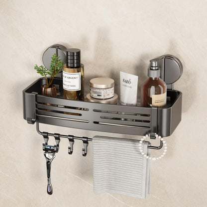 VOLPONE Shower Caddy Suction Shower Shelf No Drilling Shower Organizer Suction Cup Shower Storage Rack Aluminum Wall Mounted Shampoo Holder with Towel Bar Hooks (2-Pack, Matte Gray)