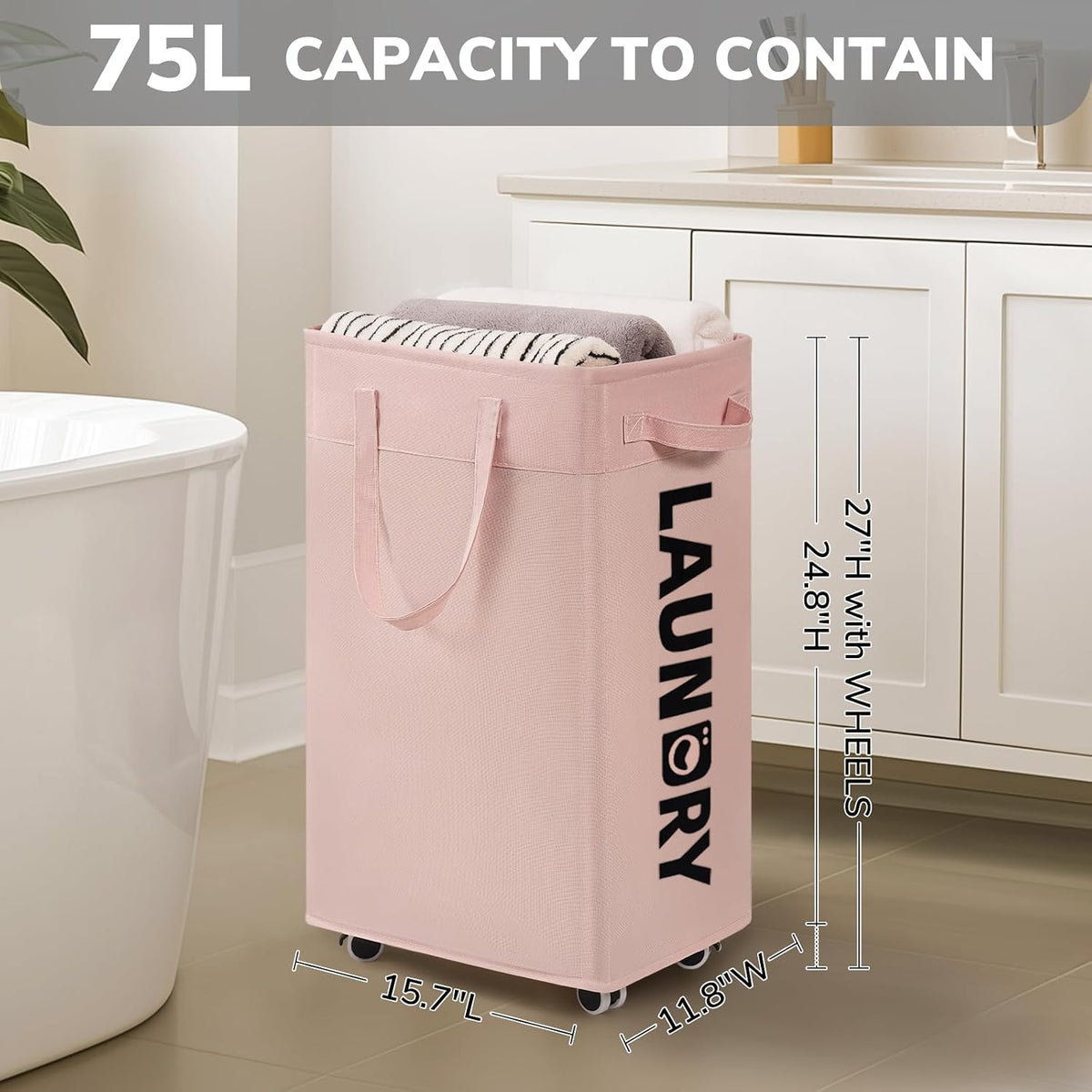 CHICVITA 75L Rolling Laundry Basket with Wheels Removable Wash Bag, Pink