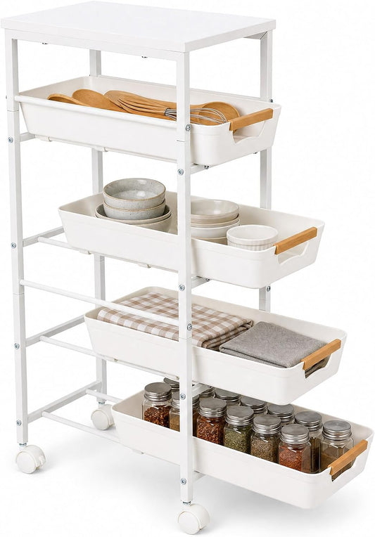 Garvee 5-Tier Slim Rolling Storage Cart, 9.5" Wooden Top Narrow Kitchen Carts on Wheels with Pull-Out Baskets, Mobile Shelving Unit Organizer for Kitchen, Bathroom, Laundry Room, Small Spaces