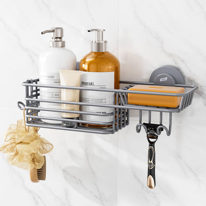 TAILI Shower Caddy Suction Cup 2 Pack with Hooks & Soap Holder, Heavy Duty Shower Organizer for Bathroom, No Drilling Bathroom Organizer with Large Capacity, Metal Storage Holder-Grey