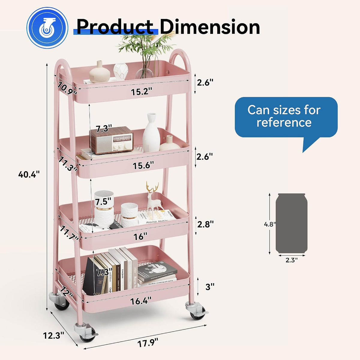 NEWBULIG 4-Shelf Metal Rolling Storage Utility Cart with Lockable Wheels