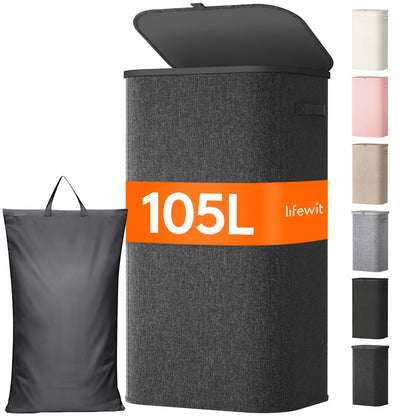Lifewit 105L Large Laundry Hamper with Lid, Removable Inner Bag, Beige