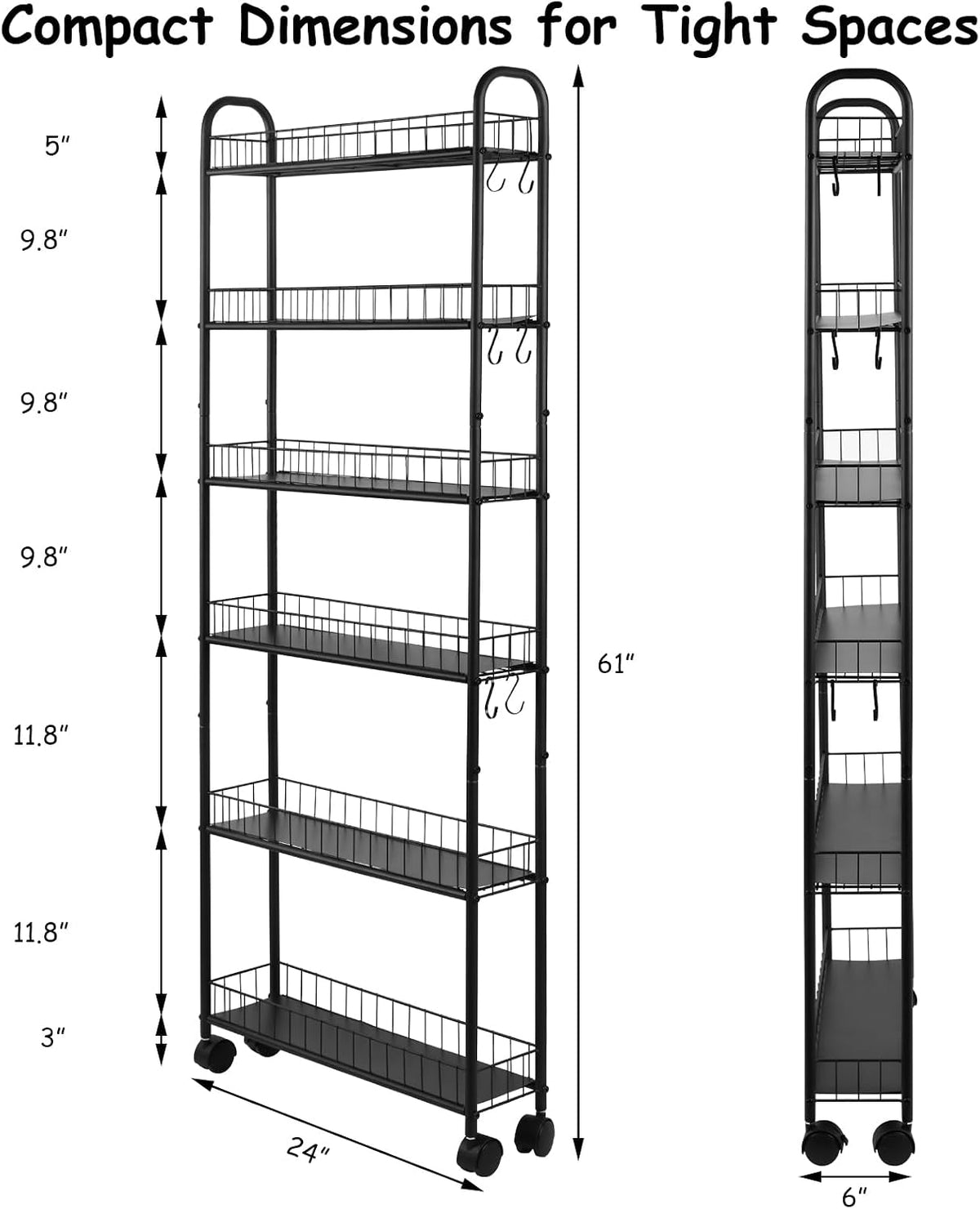 6-Tier Slim Rolling Storage Cart with Wheels, Tall Narrow Storage Shelves for Small Spaces, Metal Utility Cart Mobile Shelving Unit on Wheels for Kitchen, Bathroom, Office
