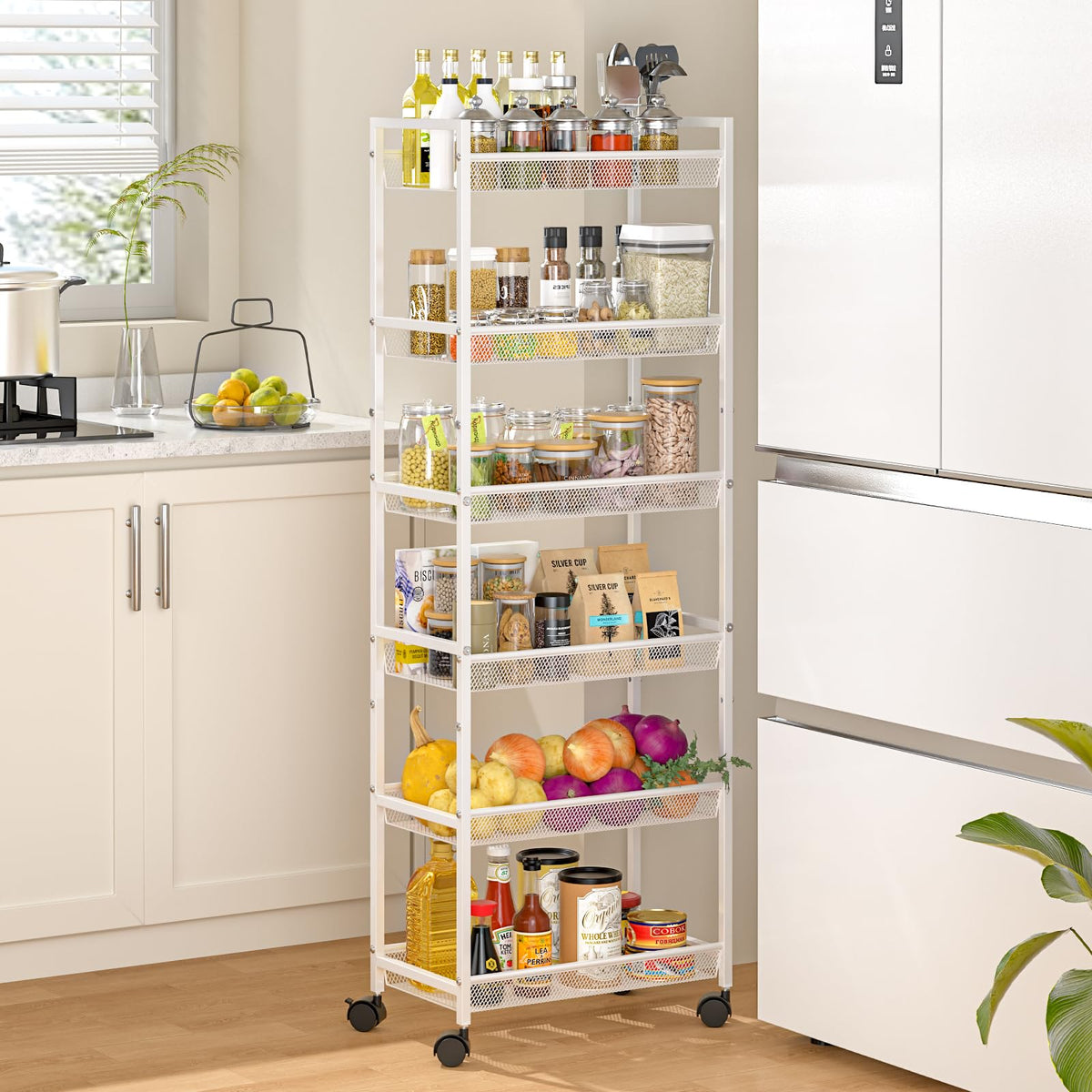 ThreeHio 6 Tier Slim Storage Cart, Narrow Cart with Wheels, Metal Mobile Shelving Unit Organizer for Kitchen, Bathroom, Laundry Room, Living Room & Narrow Spaces, Black, 6in(W)