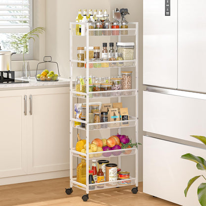 ThreeHio 6 Tier Slim Storage Cart, Narrow Cart with Wheels, Metal Mobile Shelving Unit Organizer for Kitchen, Bathroom, Laundry Room, Living Room & Narrow Spaces, Black, 6in(W)