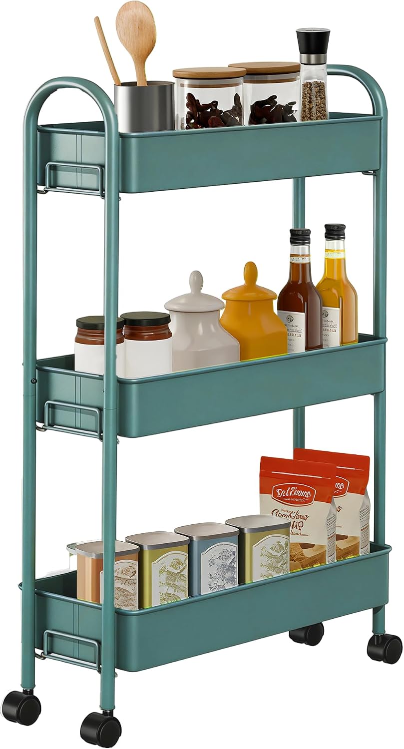 Slim Rolling Cart, Metal Frame Utility Rolling 3-Tier Narrow Storage Cart