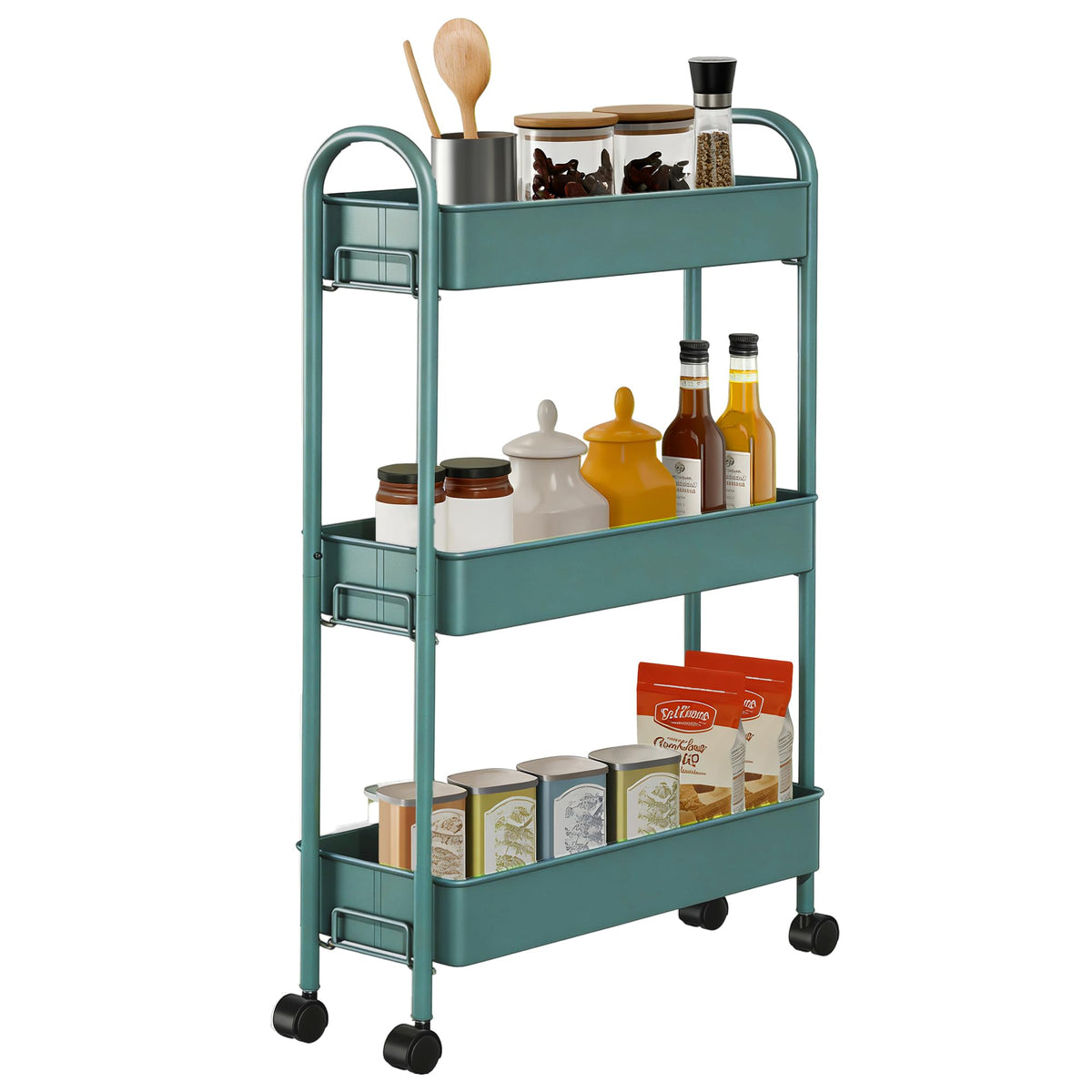 Slim Rolling Cart, Metal Frame Utility Rolling 3-Tier Narrow Storage Cart