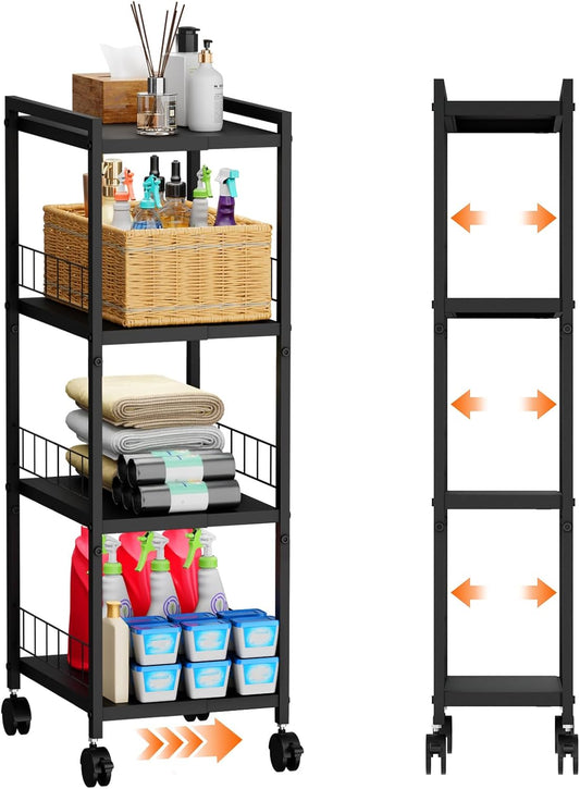 Expandable Slim Storage Cart with Wheels, 4 Tier Narrow Metal Rolling Utility Cart Organizer Adjustable Open Floor Shelving Unit for Small Spaces Bathroom Laundry Room Kitchen