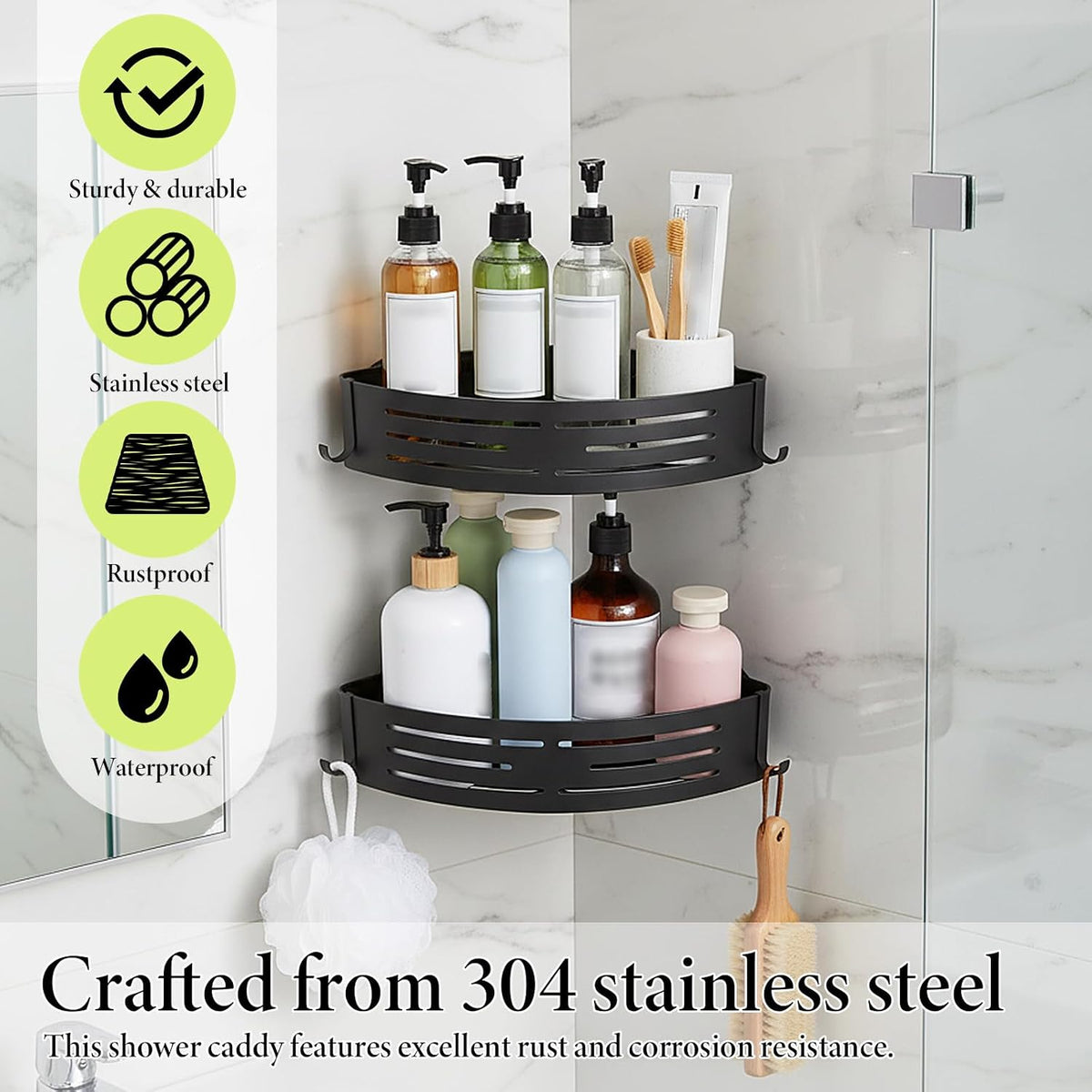 2PCS Shower Caddy Corner, Suction Cup Shelves with Hook, Aluminum