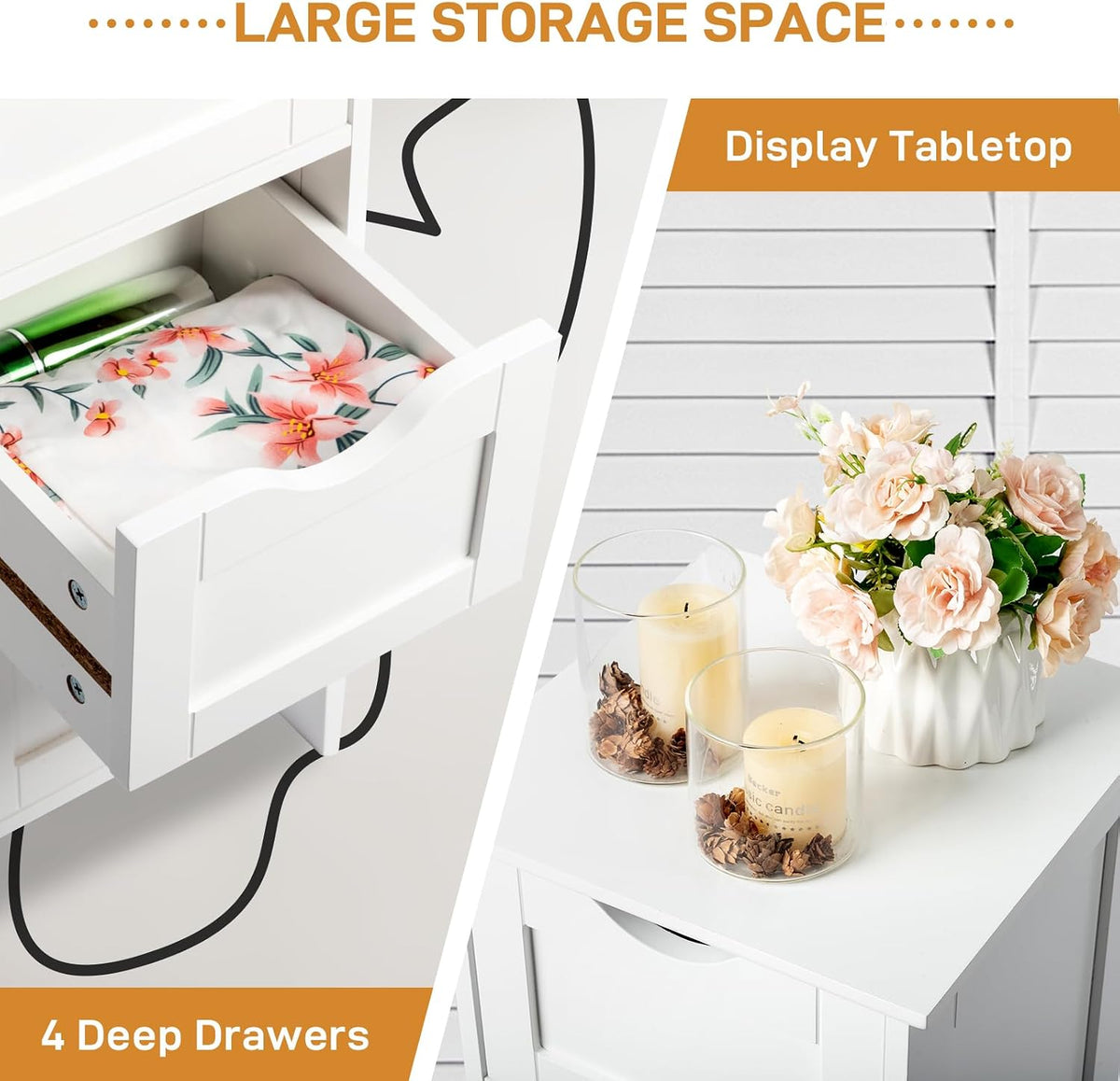 Bonnlo Skinny Bathroom Floor Storage Cabinet,White 12 Inch Wide Deep Small Storage Organizer with 4 Drawers, Wooden Modern Thin Free Standing Tower Cabinet w/ 4 Cute Drawers for Bathroom, Living Room