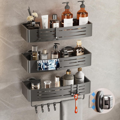 Voldra Shower Caddy Suction Cup, 2 Pack Shower Shelves for Inside Shower No Drilling, Aluminum Suction Showers Organizer with Towel Bar & Hooks Removable Bathroom Shelf Storage Rack(Gray)