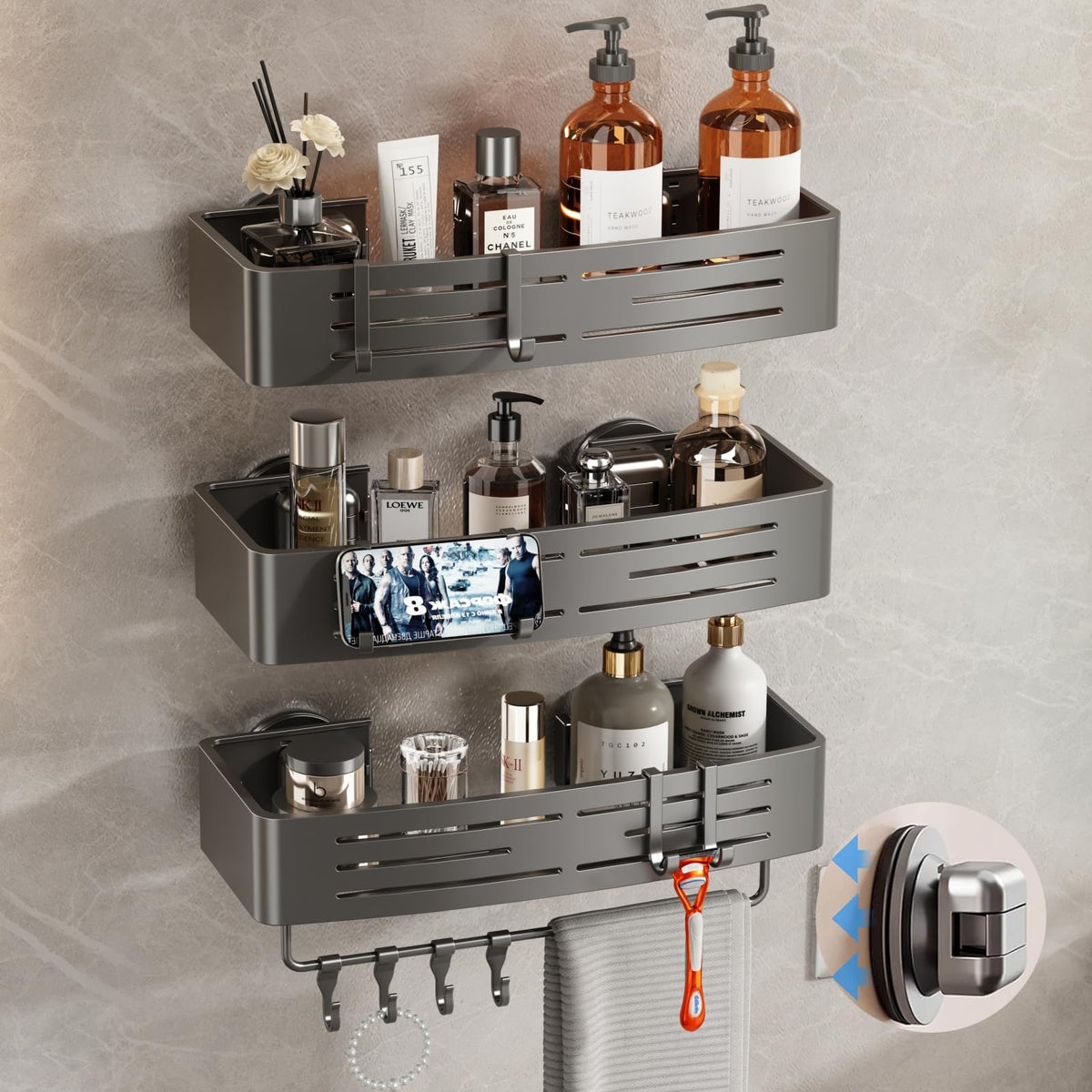 Voldra Shower Caddy Suction Cup, 3 Pack Shower Shelves for Inside Shower No Drilling, Aluminum Suction Showers Organizer with Towel Bar & Hooks Removable Bathroom Shelf Storage Rack(Gray)
