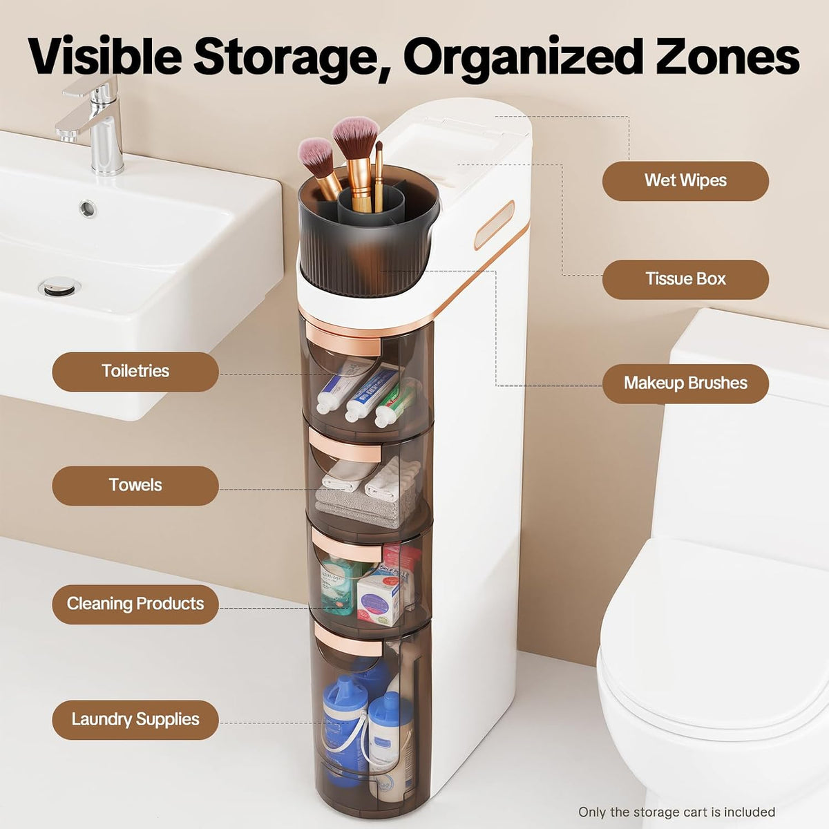 4 Tiers Slim Bathroom Storage Cabinet, 4 Drawer Narrow Slim Storage Cart, Mobile Storage Organizer with Tissue Box and Removable Dividers for Bathroom, Bedroom, Kitchen (White+Tawny)