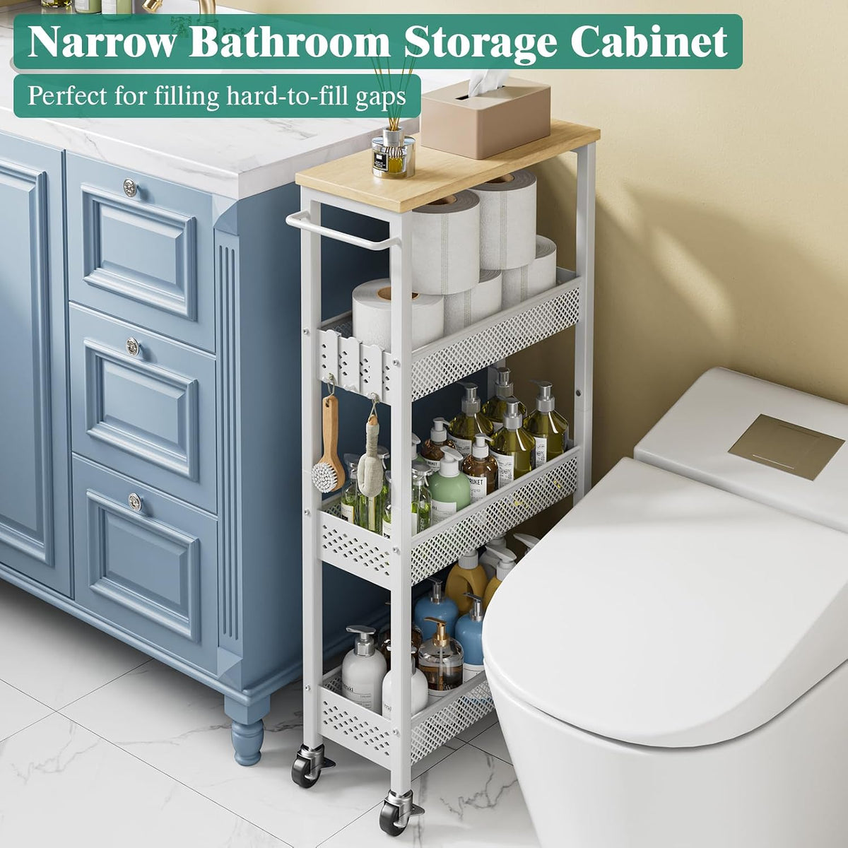 Giwil Slim Rolling Storage Cart 4 Tier Bathroom Organizer Mobile Shelving Unit Utility Cart with Wood Top and Handle for Kitchen Laundry Narrow Places, White