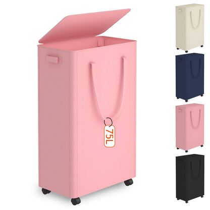 Slim Laundry Hamper with Wheels,20 Gal (75L) Rolling Laundry Basket with lid and wheels Clothes Hamper Foldable Tall Dirty Clothes Basket Sturdy Collapsible Clothes Hamper for Dorm,Laundry Room