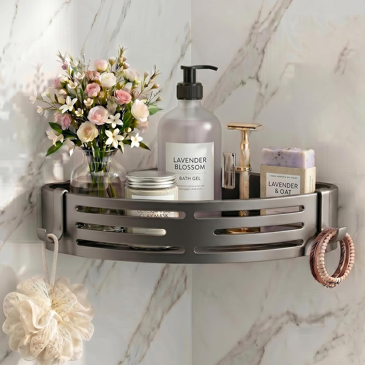 2 PCS Corner Shower Caddy Suction Cup with Hooks, No-Drilling (Gray)