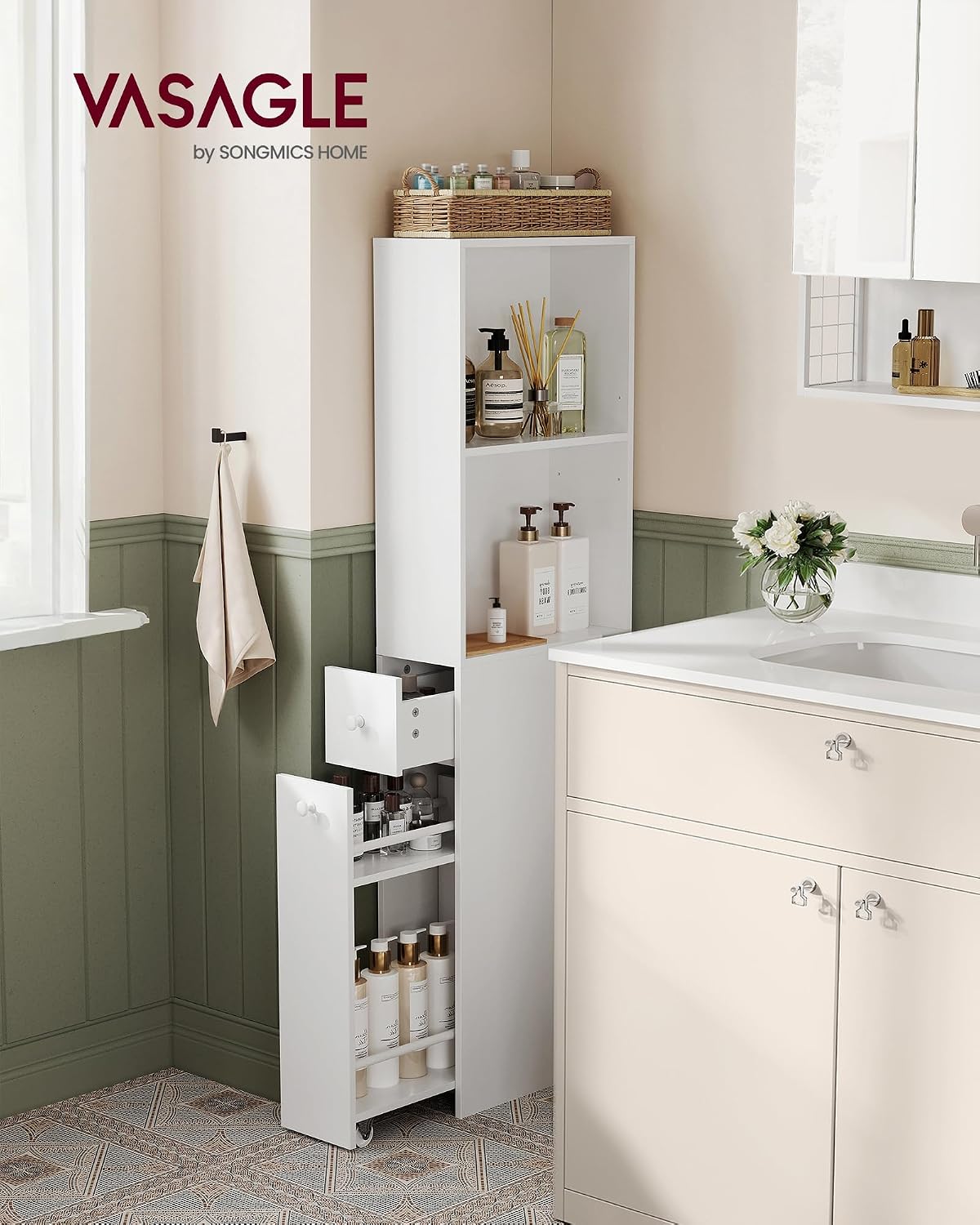 VASAGLE Slim Bathroom Storage Cabinet, Narrow Freestanding, with Drawers