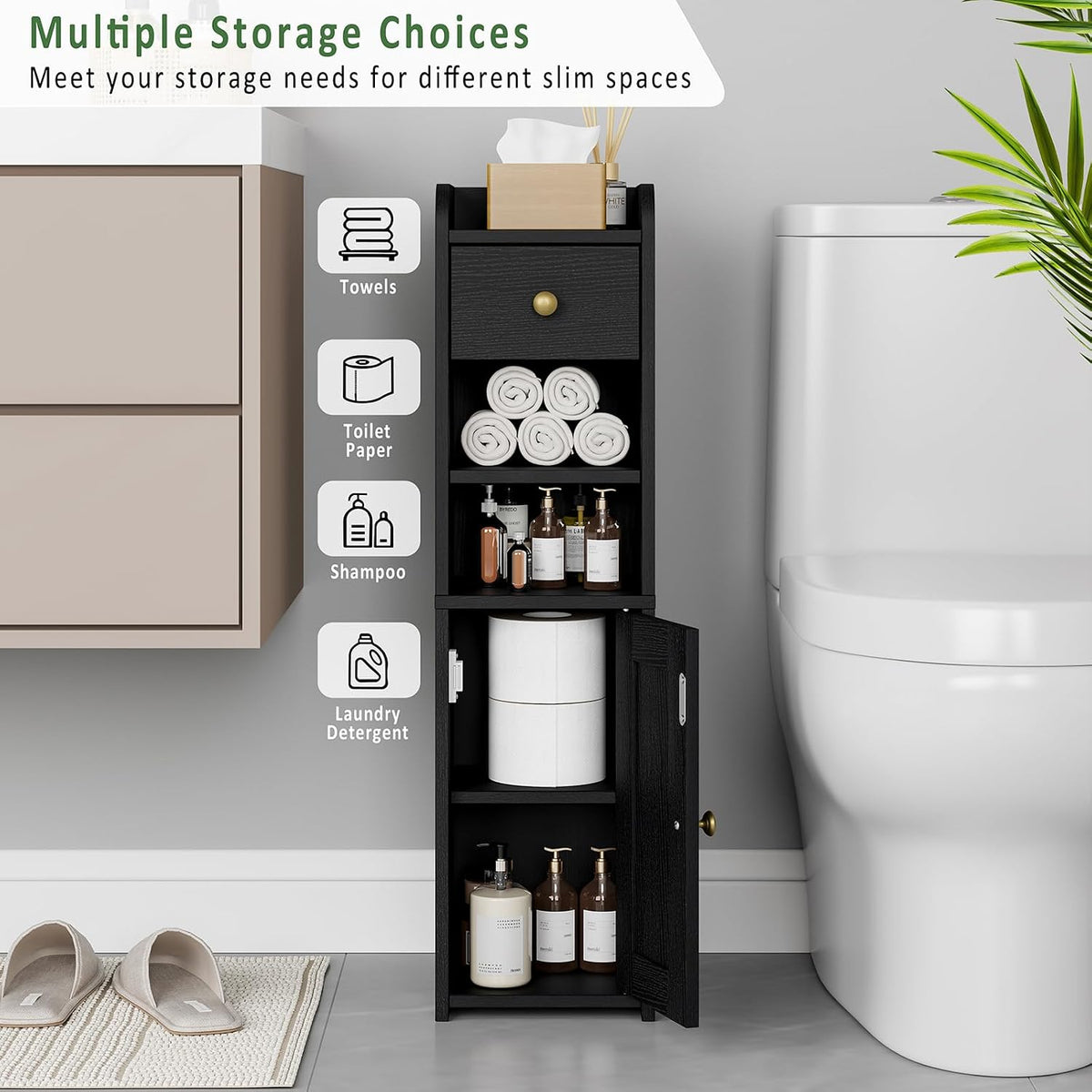 Lomojo Small Bathroom Storage Cabinet with Drawer,7.75L*7.75D*29.6H(Black)