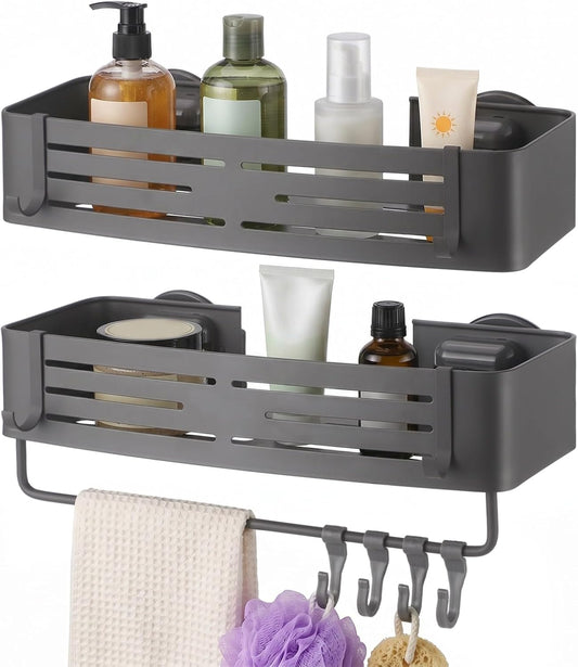 2 Pcs Square Shower Caddy, Double-Layer Suction Cup No-Drilling Aluminum Organizer, Gray Wall Mount Bathroom Shelves with Towel Bar & Hooks, Space-Saving for Shower & Kitchen