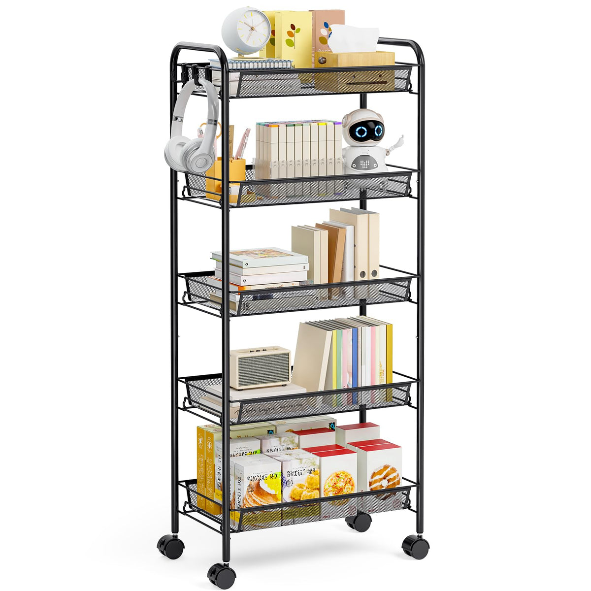 TOOLF 4 Tier Rolling Cart, Metal Utility Storage Cart with Wheels, White