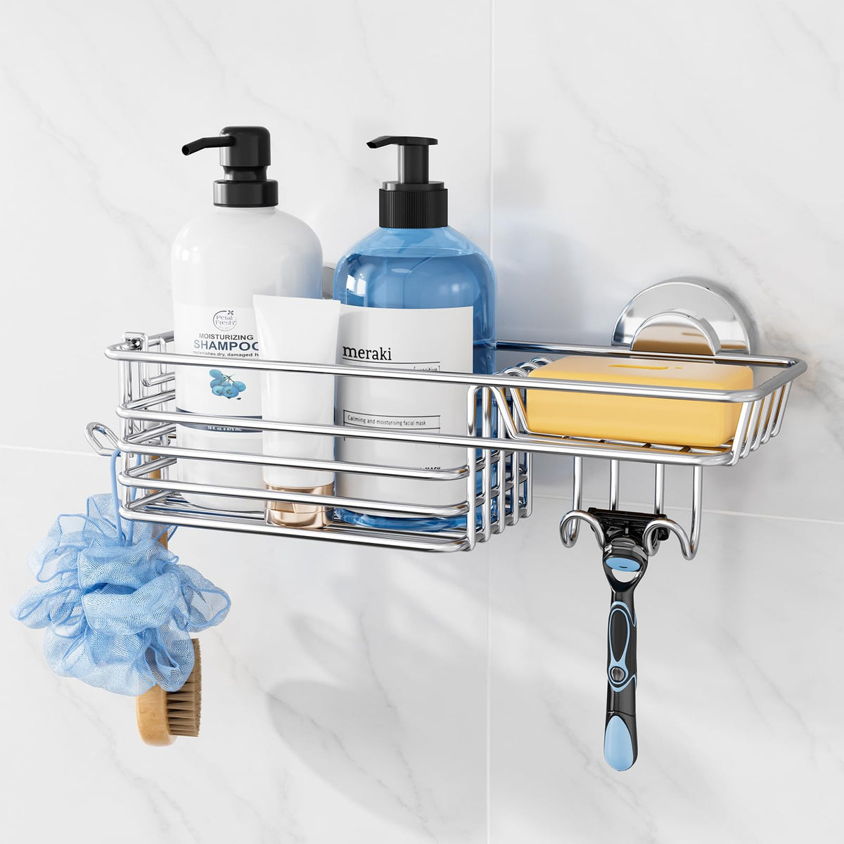 TAILI Shower Caddy Suction Cup 2 Pack with Hooks & Soap Holder, Heavy Duty Shower Organizer for Bathroom, No Drilling Bathroom Organizer with Large Capacity, Metal Storage Holder-Grey