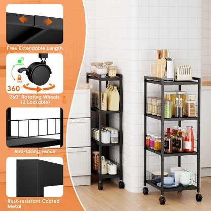 Expandable Slim Storage Cart with Wheels, 4 Tier Narrow Metal Rolling Utility Cart Organizer Adjustable Open Floor Shelving Unit for Small Spaces Bathroom Laundry Room Kitchen