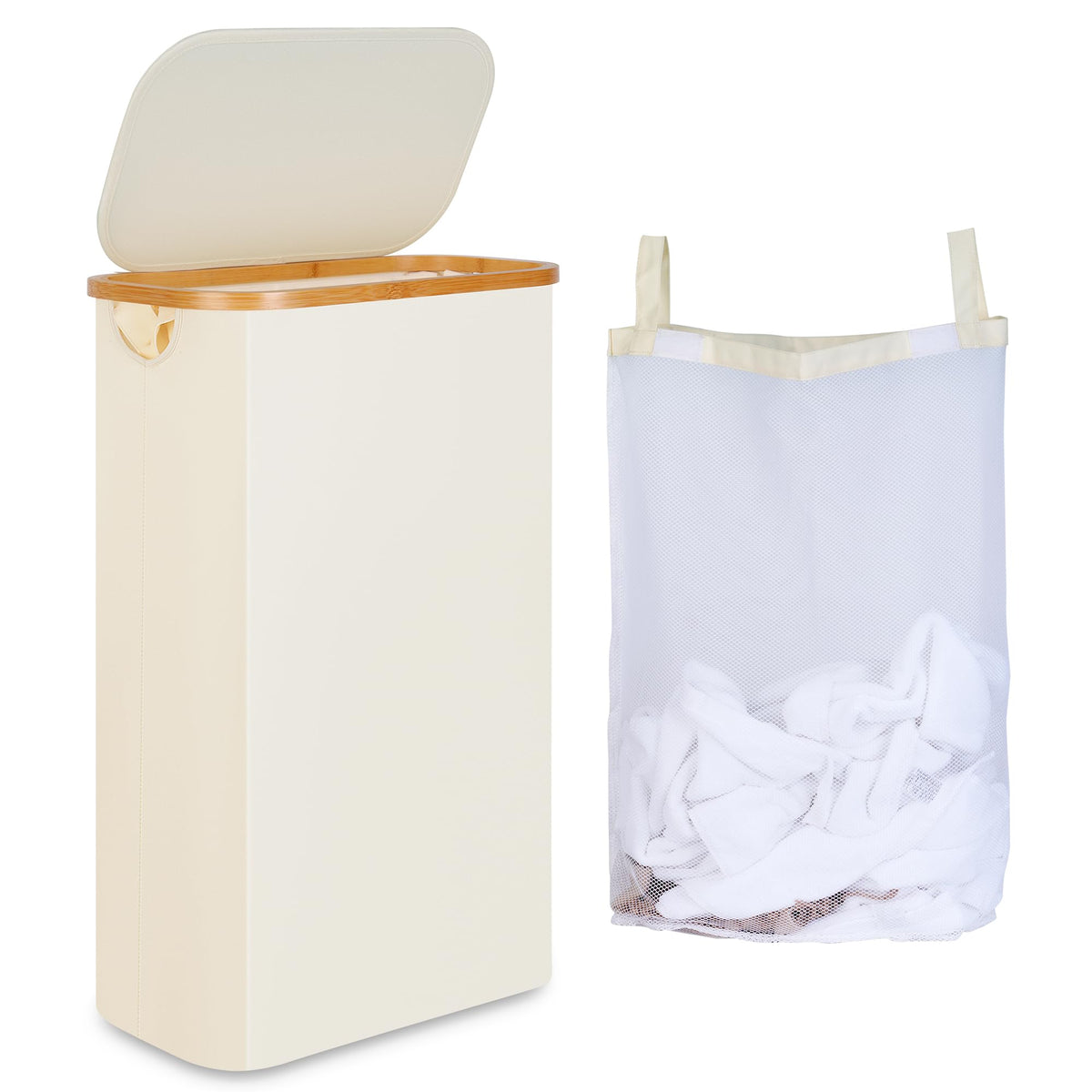 iEGrow 65L Slim Laundry Hamper, Narrow Laundry Basket with Lid,Foldable Clothes Hamper with Bamboo Handles,Hamper Basket with Removable Inner Bag for Laundry Room Bedroom College Dorm,17.17 Gals Pink