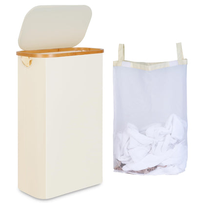 iEGrow 65L Slim Laundry Hamper, Narrow Laundry Basket with Lid,Foldable Clothes Hamper with Bamboo Handles,Hamper Basket with Removable Inner Bag for Laundry Room Bedroom College Dorm,17.17 Gals Pink