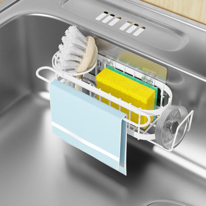 Cisily Kitchen Sponge Holder for Kitchen Sink with 2 Suction Cups/1 Adhesive Strips, Stainless Steel Kitchen Caddy Sink Organizer, Brush Holder, Dish Cloth Hanger, Sink Stopper Holder (Black)
