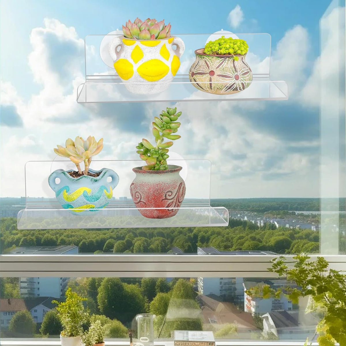 2 Pack Window Plant Shelves, 9 Inch Acrylic Suction Cup Shelf, Window Sill Extender for Indoor Succulents, Herb Planters, Micro Greens, Bathroom Organizer