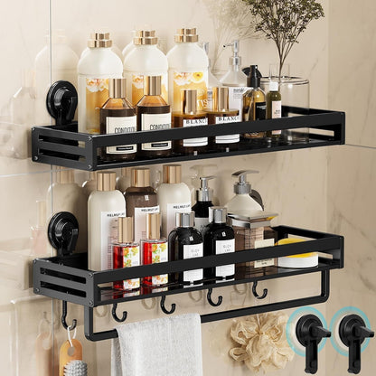 Suction Cup Shower Caddy with 5 Hooks & Towel Rrack 11.8inch Black