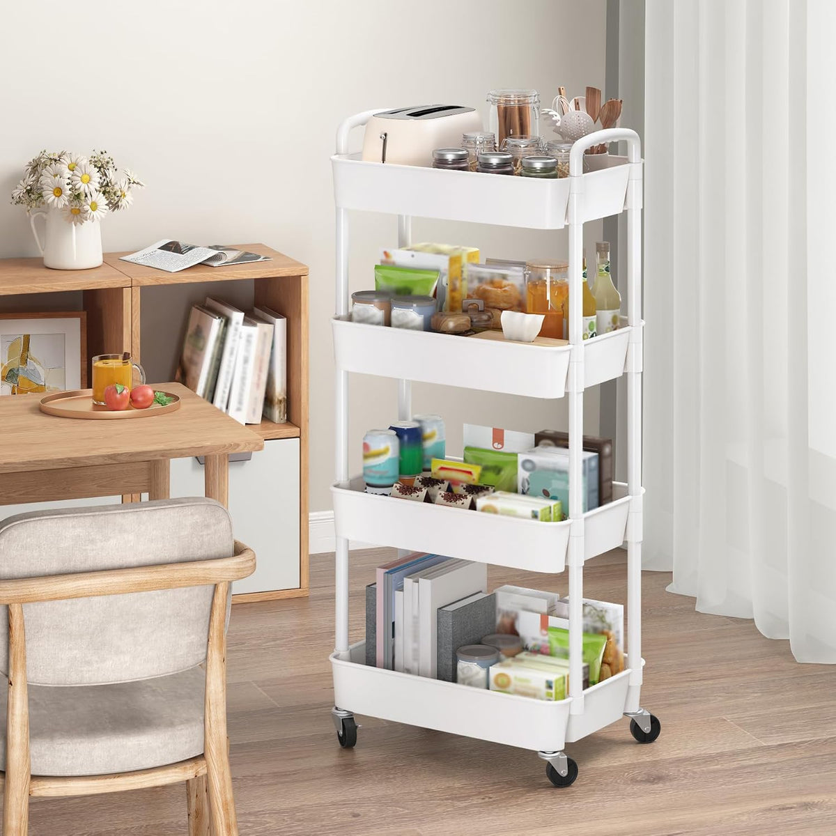 Sywhitta 4-Tier Plastic Rolling Utility Cart with Wheels for Storage,White