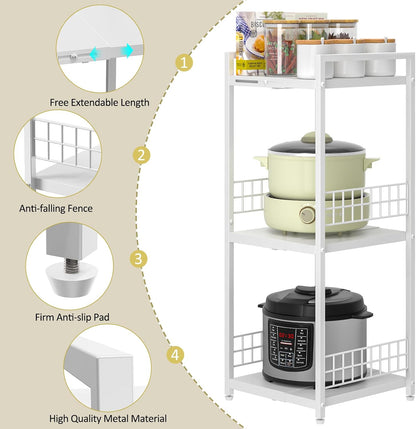 DAOUTIME Expandable Slim Storage Shelf, 3 Tier Metal Shelving Unit for Bathroom Storage Organizer, Free-Standing Narrow Shelf, Open Floor Shelves for Small Spaces,Laundry,Bathroom,Kitchen, White