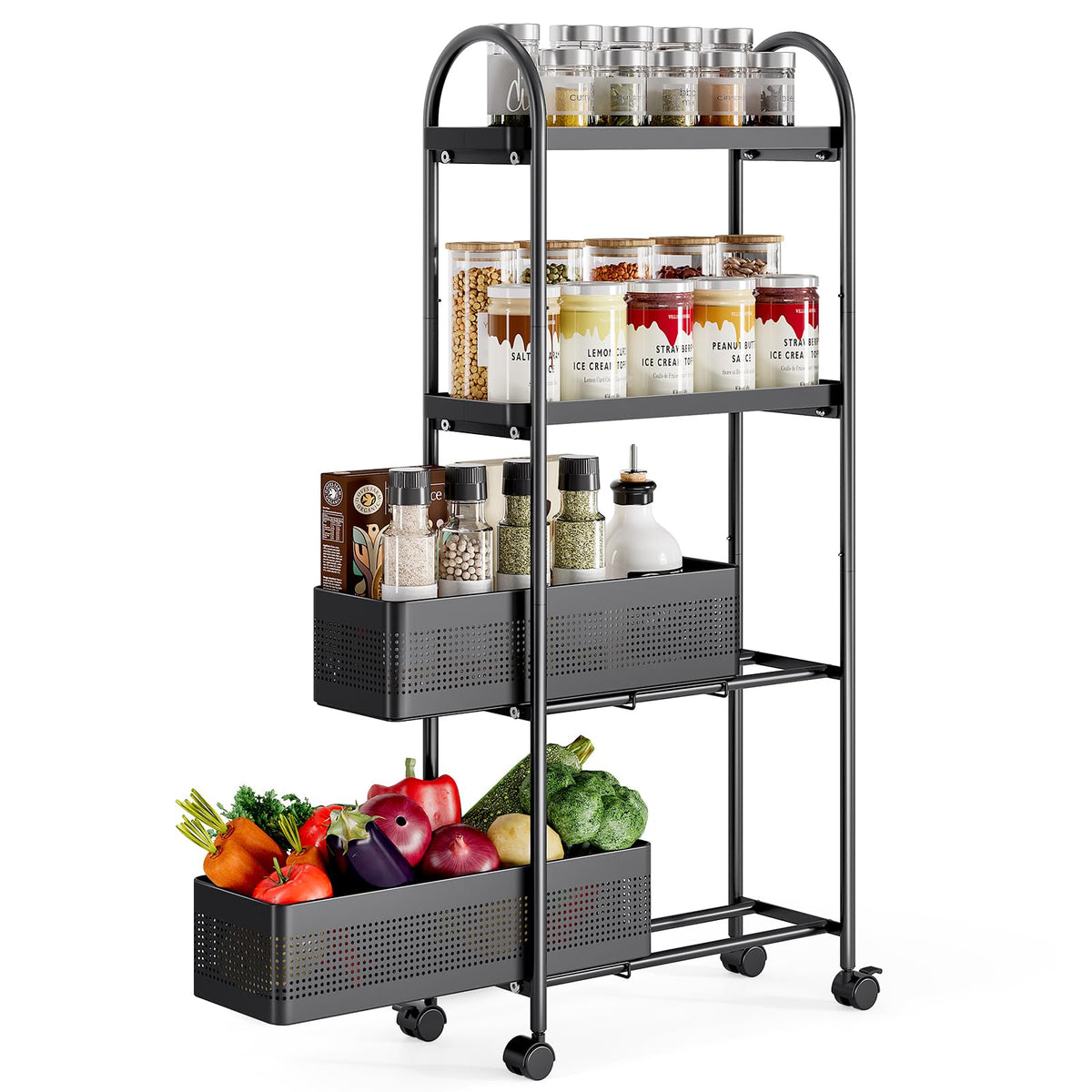 KINGRACK 4 Tier Slim Rolling Cart with Drawer, Metal Utility Storage Cart