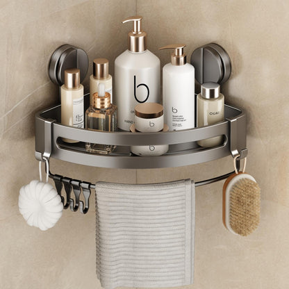 VOLPONE Corner Shower Caddy Suction Cup, 2 Pack Shower Shelves No Drilling, Showers Organizer Storage with Towel Bar & Removable Hooks, Bathroom Shower Shelf Rack for Inside Showers