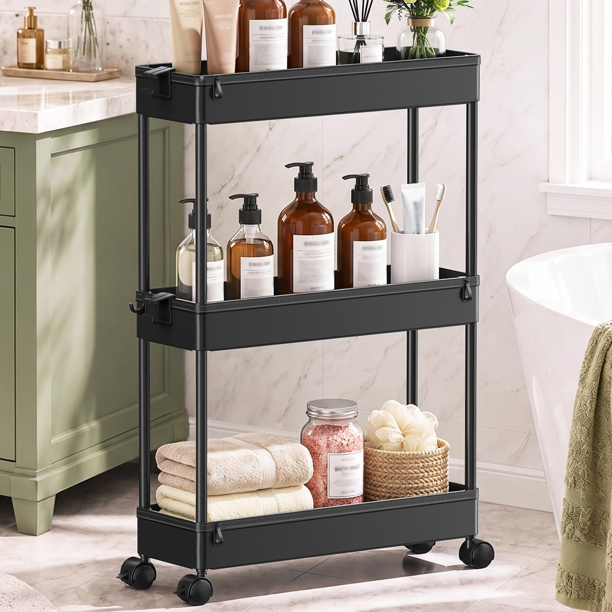 SPACEKEEPER Slim Rolling Storage Cart, 3 Tier Bathroom Cart Organizer,White