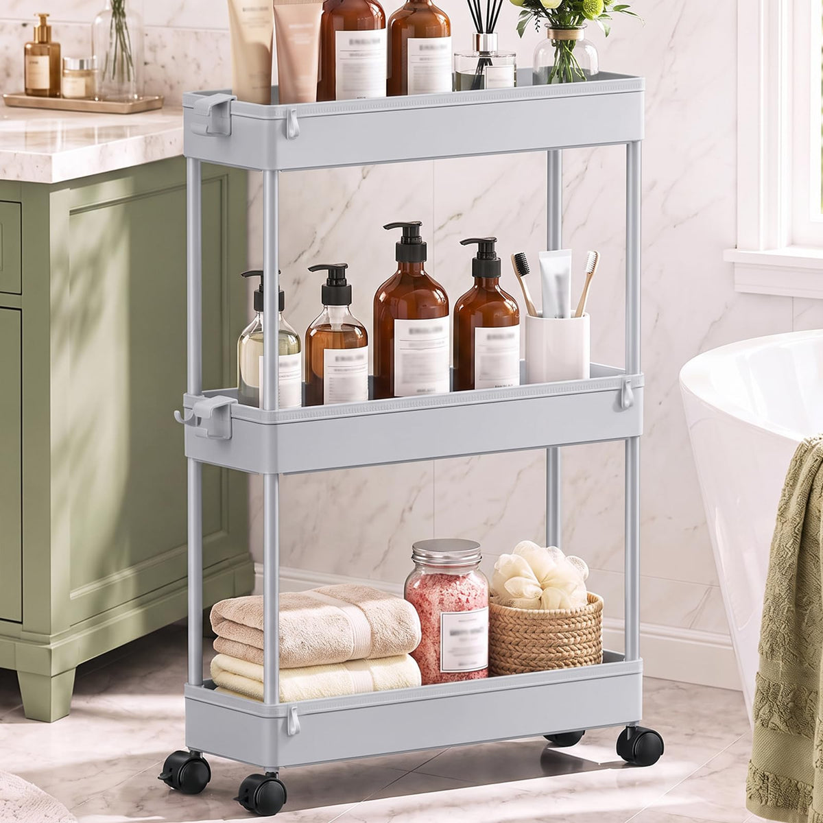 SPACEKEEPER Slim Rolling Storage Cart, 3 Tier Bathroom Storage Organizer Laundry Room Utility Cart Mobile Shelving Unit, Multi-Purpose for Kitchen Office Bathroom Laundry Narrow Places, Black