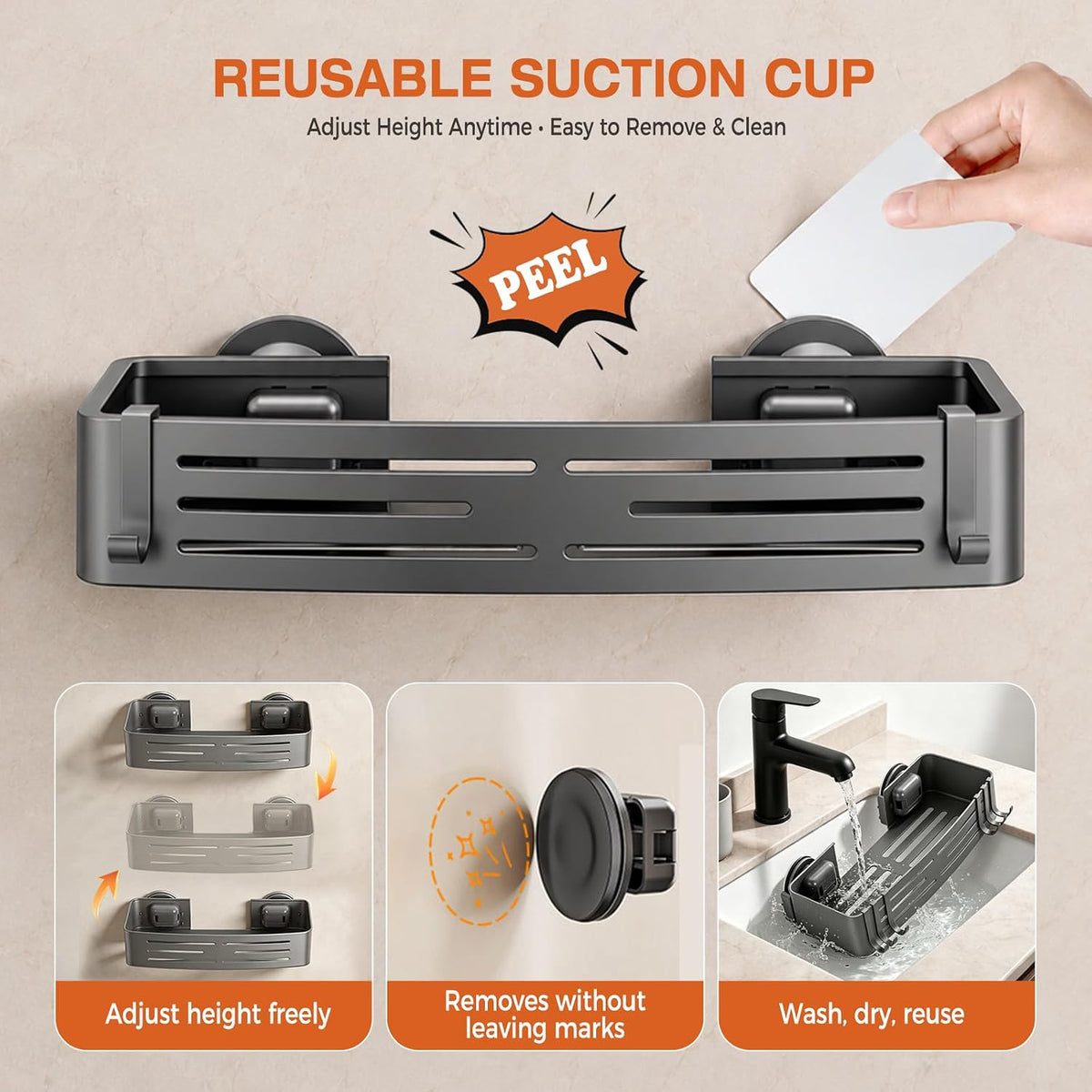 Lekesky Suction Cup Shower Caddy, No Drill Shower Shelf, Aluminum Rust Proof Bathroom Shower Organizer with 12 Hooks (2-Pack, Gunmetal Gray)