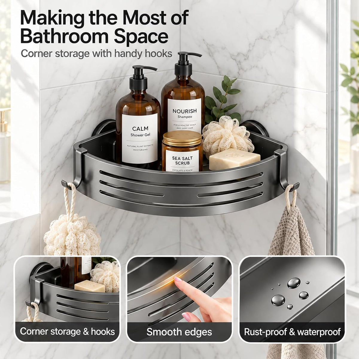 2 PCS Corner Shower Caddy Suction Cup with Hooks, No-Drilling (Gray)