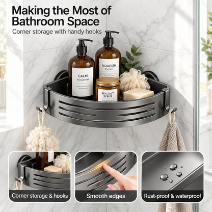 2 PCS Corner Shower Caddy Suction Cup with Hooks, No-Drilling (Gray)