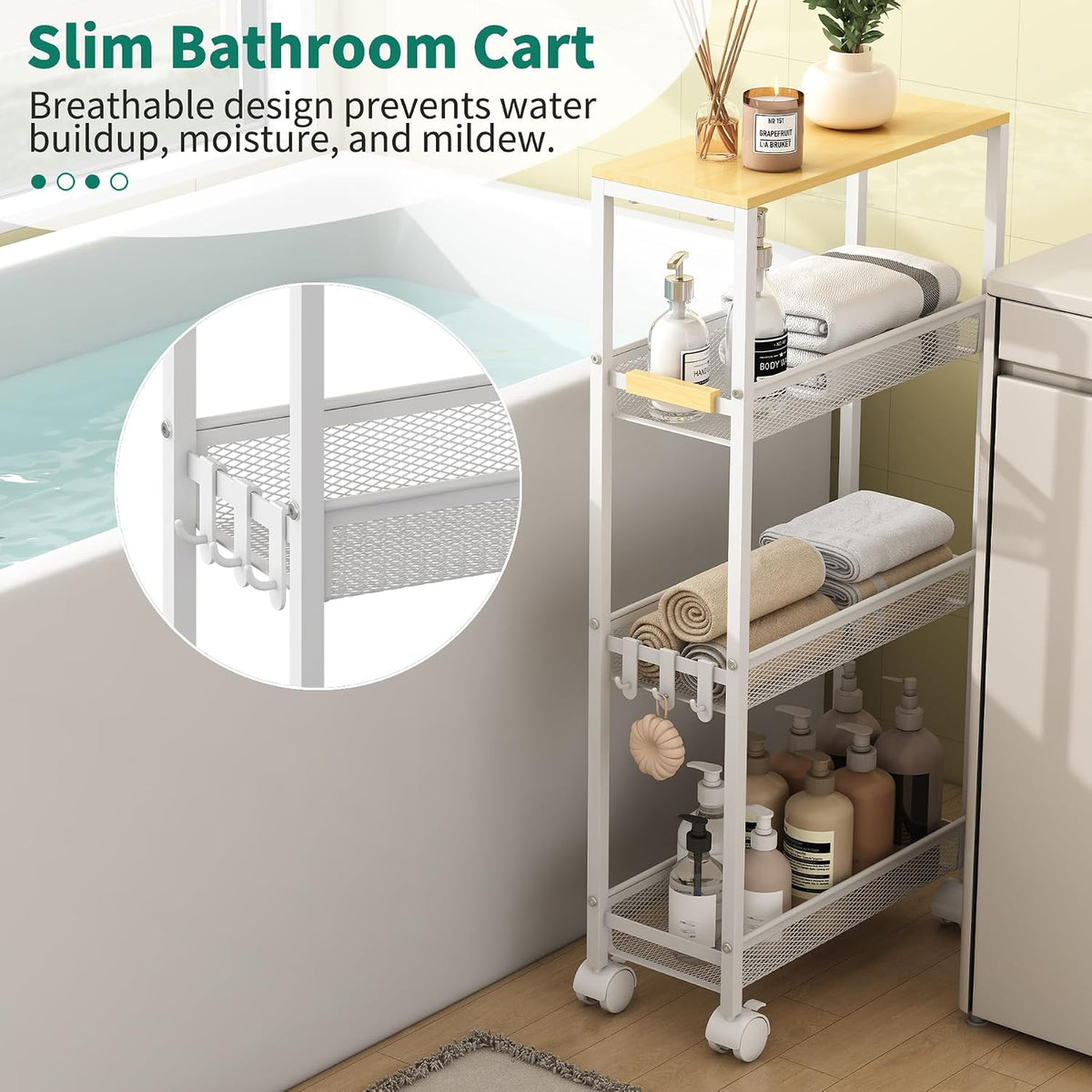 4-Tier Slim Utility Rolling Laundry Cart with Wheels, White