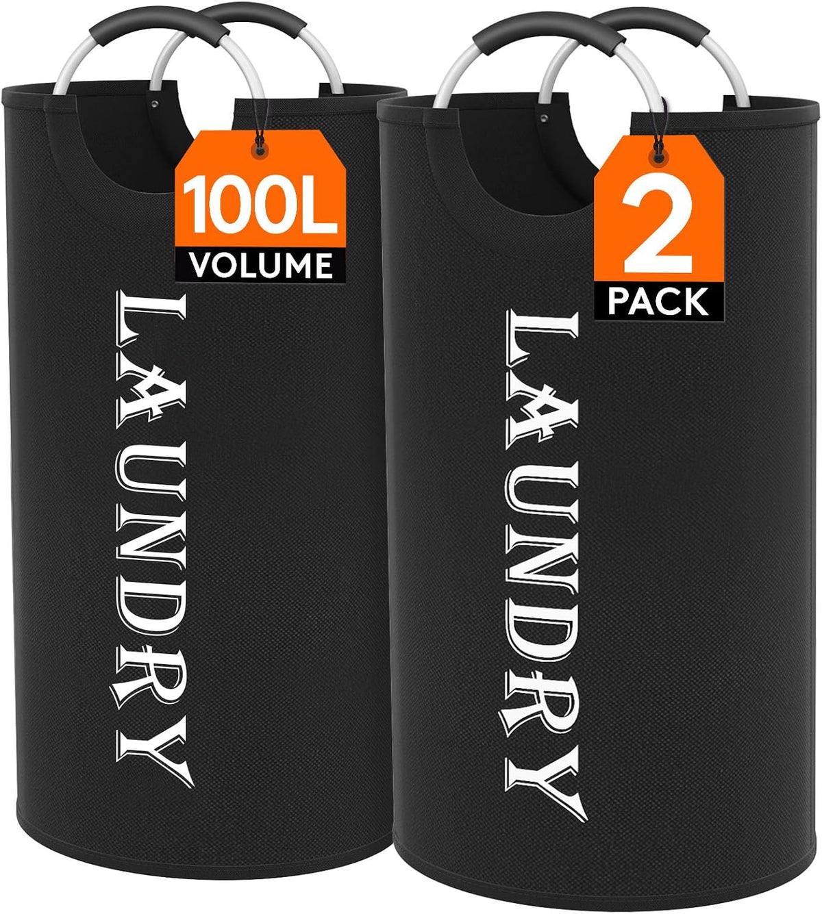 Lifewit 2 Pack 100L Laundry Basket with Aluminum Handles, Black