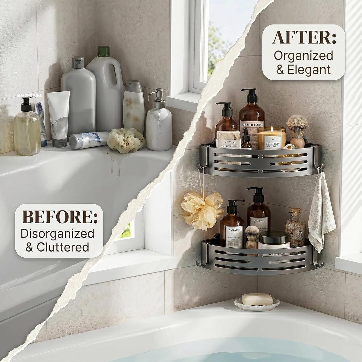2 PCS Corner Shower Caddy Suction Cup with Hooks, No-Drilling (Gray)