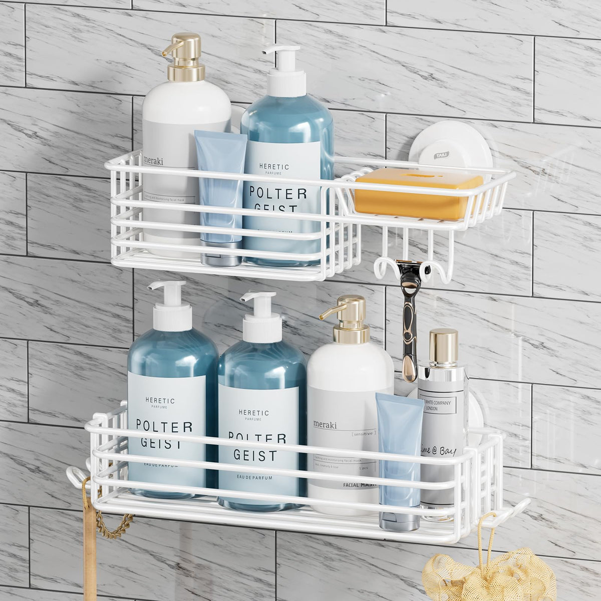 TAILI Shower Caddy Suction Cup 2 Pack with Hooks & Soap Holder, Heavy Duty Shower Organizer for Bathroom, No Drilling Bathroom Organizer with Large Capacity, Metal Storage Holder-Grey
