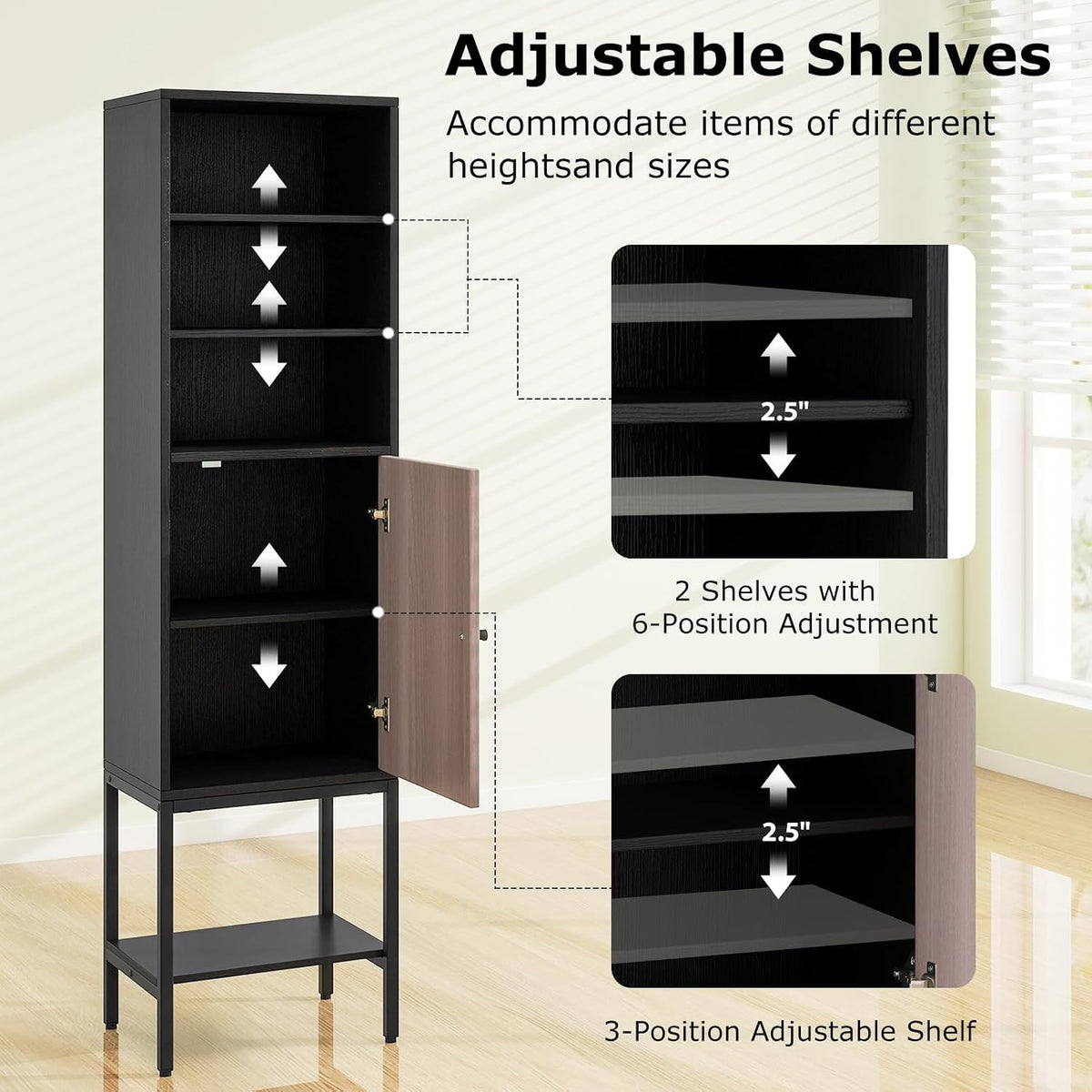 Tangkula Tall Bathroom Storage Cabinet with 1 Door and 4 Shelves, 57" H Narrow Floor Cabinet with Adjustable Shelves, Tall Slim Bathroom Cabinet for Living Room, Entryway, Kitchen (Black)