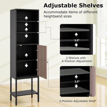 Tangkula Tall Bathroom Storage Cabinet with 1 Door and 4 Shelves, 57" H Narrow Floor Cabinet with Adjustable Shelves, Tall Slim Bathroom Cabinet for Living Room, Entryway, Kitchen (Black)